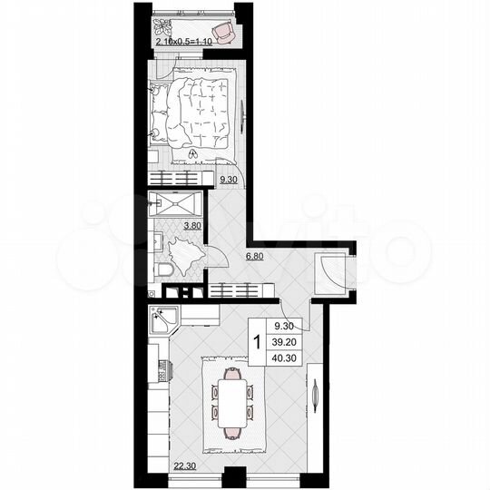 1-к. квартира, 40,3 м², 6/9 эт.