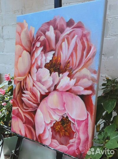Картина маслом, цветы пионы