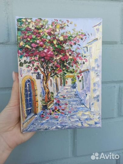 Картина маслом улочки Греции пейзаж 15*20 см