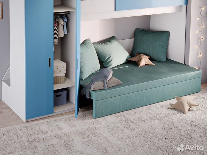 Кровать sofa, Белый текстурный + Голубая лазурь +