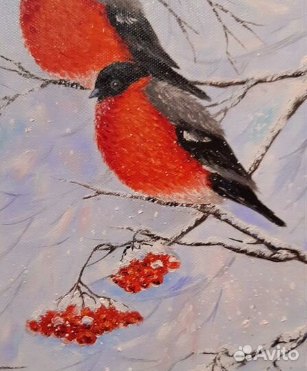 Картина снегири Зимний пейзаж с птицами на рябине