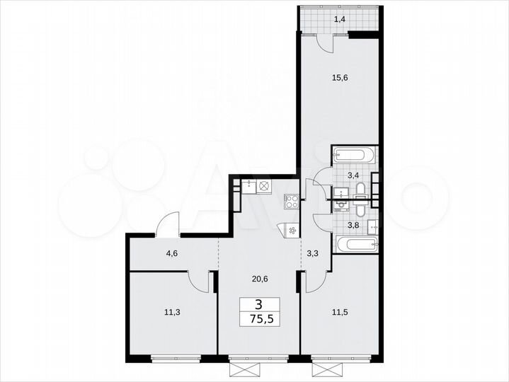 3-к. квартира, 75,5 м², 14/16 эт.