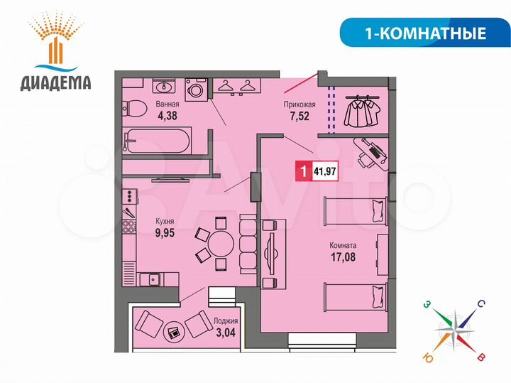 1-к. квартира, 42 м², 18/22 эт.