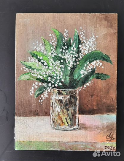 Ландыши в вазе. Небольшая картина маслом