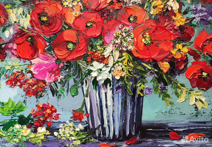 Картина маслом на холсте цветы маки букет цветов