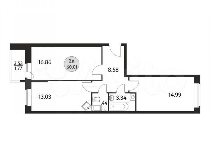 2-к. квартира, 60 м², 12/17 эт.