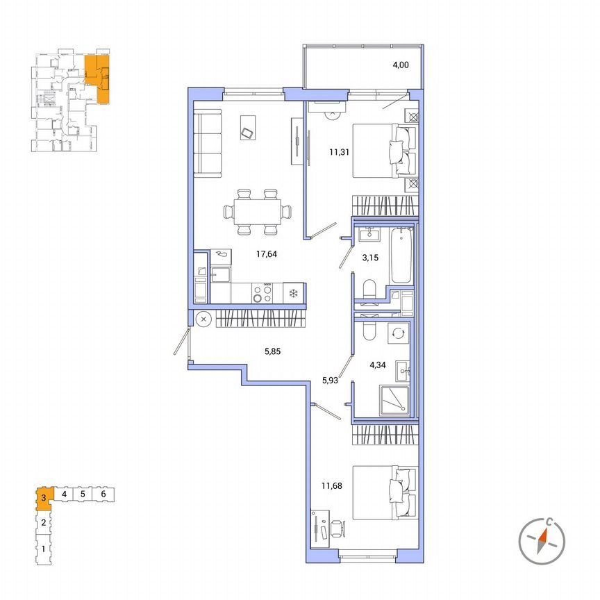 2-к. квартира, 61,1 м², 4/7 эт.
