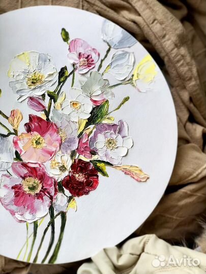 Картина маслом на деревянном холсте Цветы