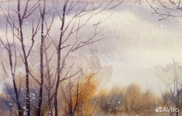 Картина акварелью, зима,зимний пейзаж