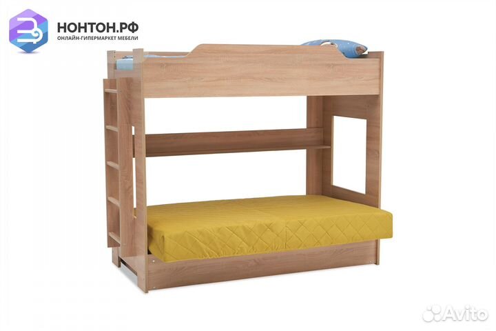 Двухъярусная кровать с диван-кроватью велюр желтый