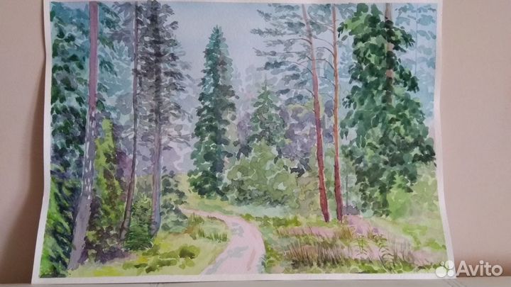 Картина акварелью В хвойном лесу