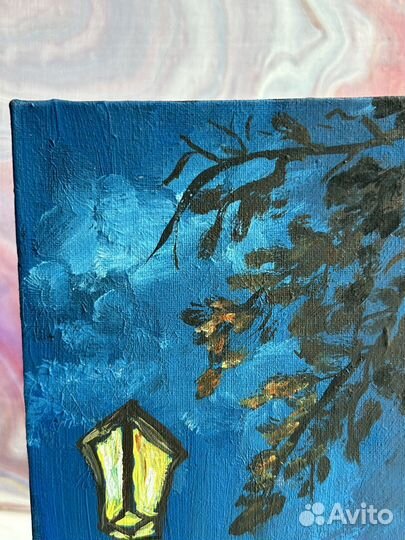 Картина акрилом, холст на картоне, фонарь