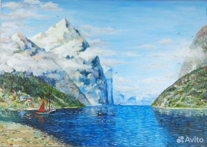 Морской пейзаж,бухта,парусник,горы.Масло 60\70