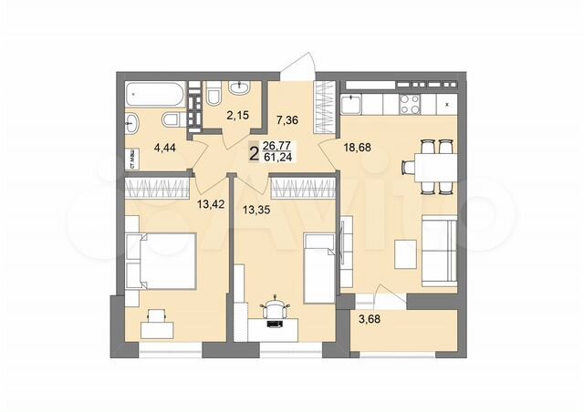 2-к. квартира, 61,2 м², 15/19 эт.