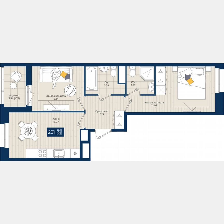 2-к. квартира, 49,4 м², 9/12 эт.