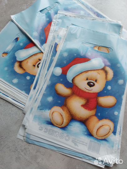 Пакеты с вырубной ручкой 19.5*30. Новый год. Мишка