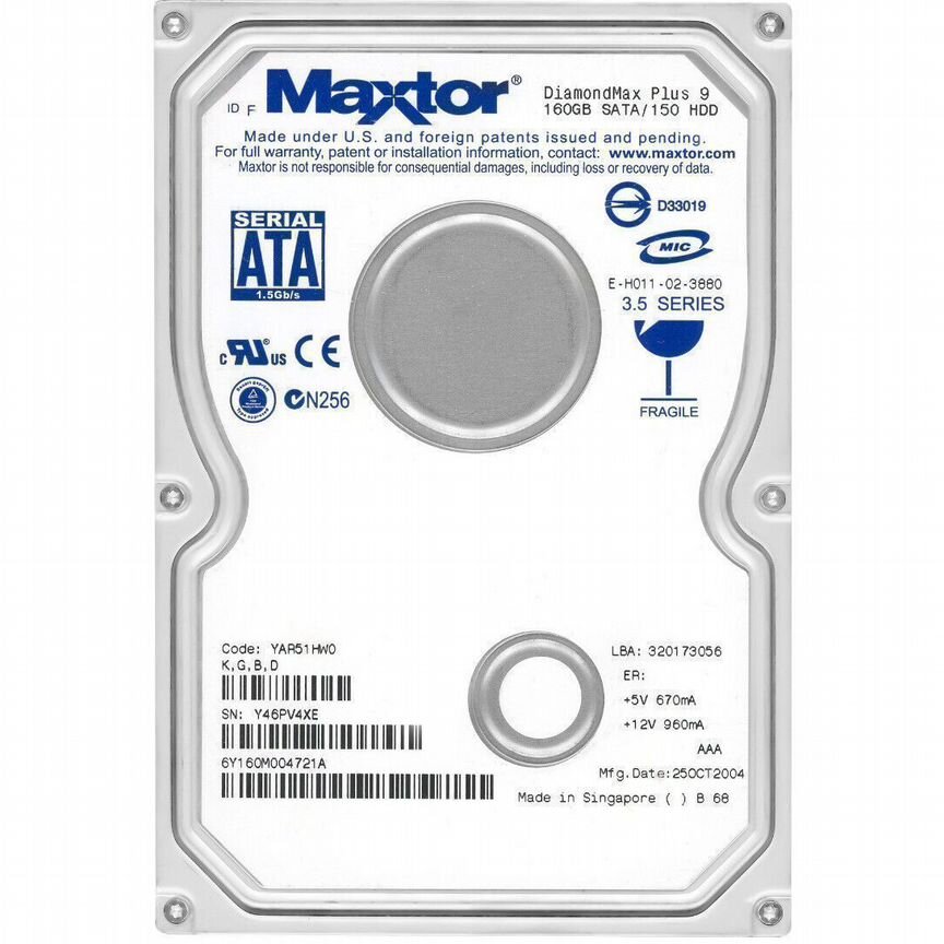 [6Y160M0] Жесткий Диск Maxtor 160gb Sata3.5" 6y160m0