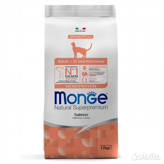 Корм Monge Cat Monoprotein Adult(Лосось) 400г/1,5к