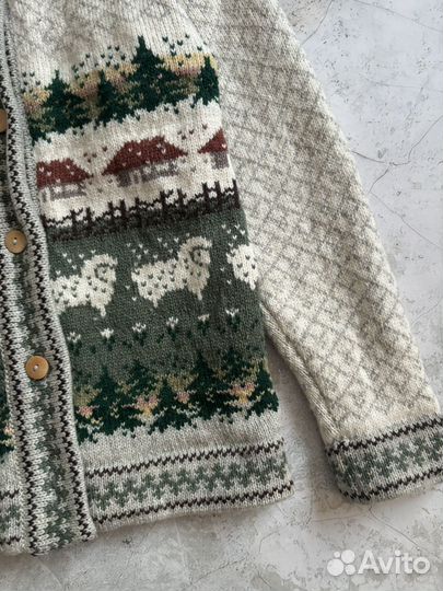 Винтажный вязаный свитер кардиган с принтом