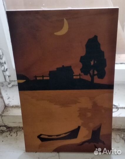 Панно Ночной пейзаж у реки СССР, дерево, 70-е годы