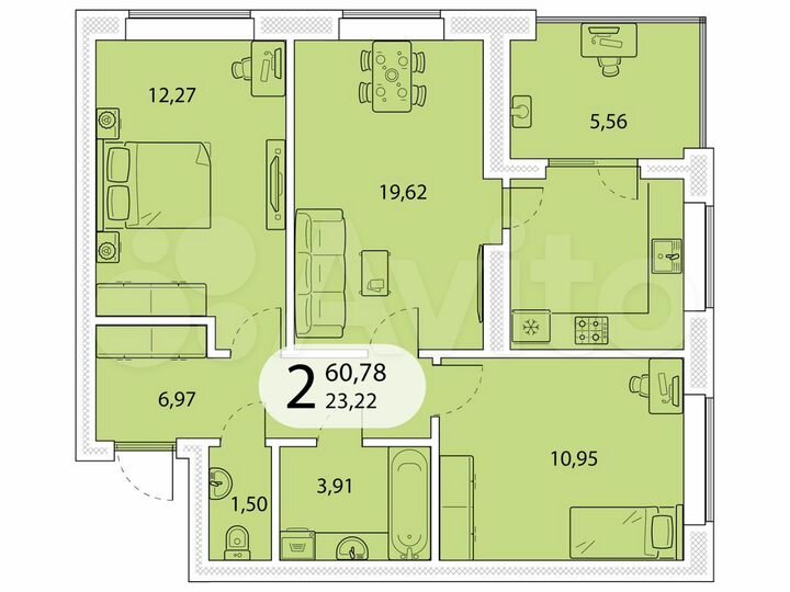 2-к. квартира, 60,8 м², 5/5 эт.