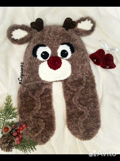 Шапка ушанка Олененок из плюшевой пряжи