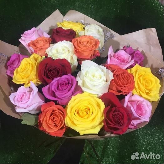 Букет разноцветных роз, Эквадор, 70см 35 шт