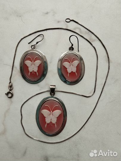 Старинная подвеска и серьги камея бабочки серебро