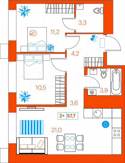 2-к. квартира, 57,7 м², 3/21 эт.