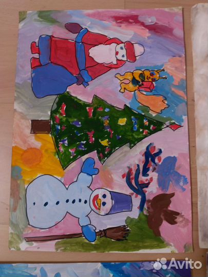 Детские рисунки, картины зима, новый год