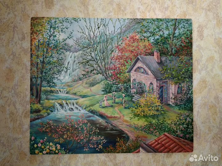 Картина маслом 50х60 см,Осень в горах с водопадом