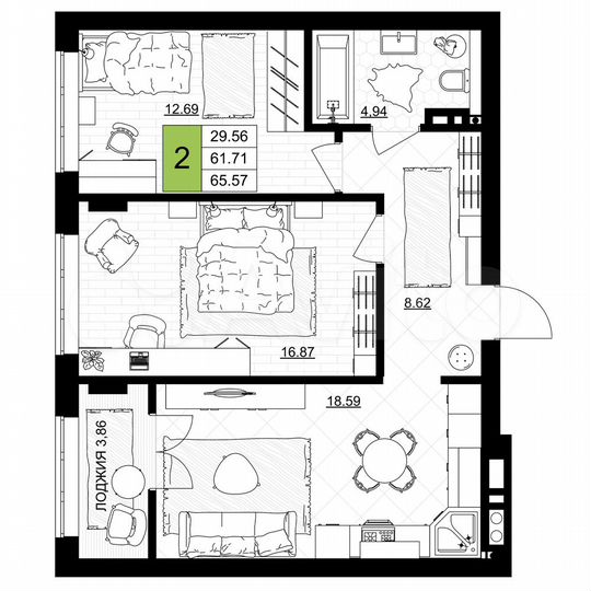 2-к. квартира, 65,6 м², 2/7 эт.