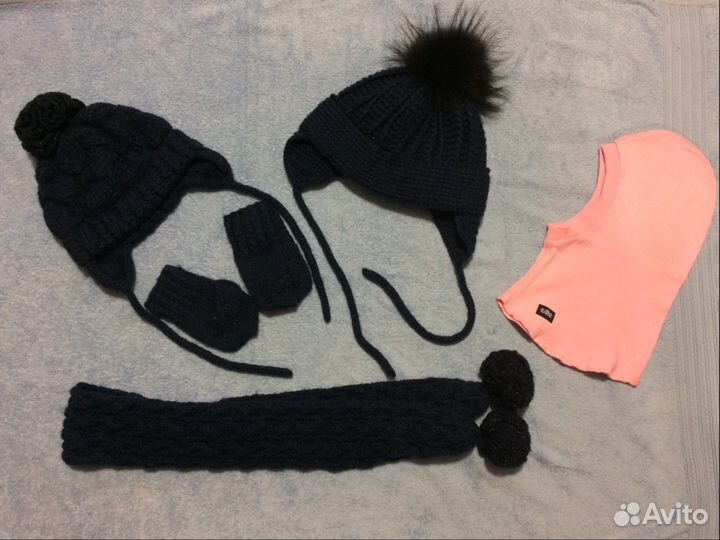 Комплект меринос синий шапка шарф варежки