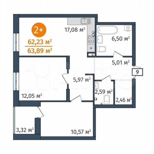 2-к. квартира, 62,2 м², 2/25 эт.