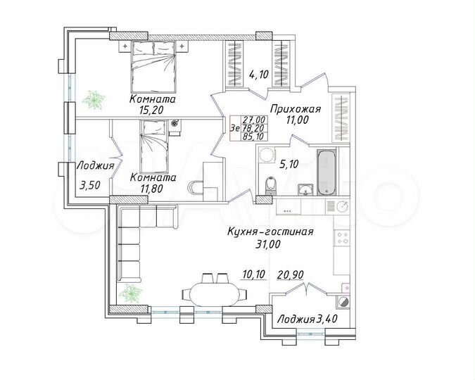 2-к. квартира, 85,1 м², 3/8 эт.
