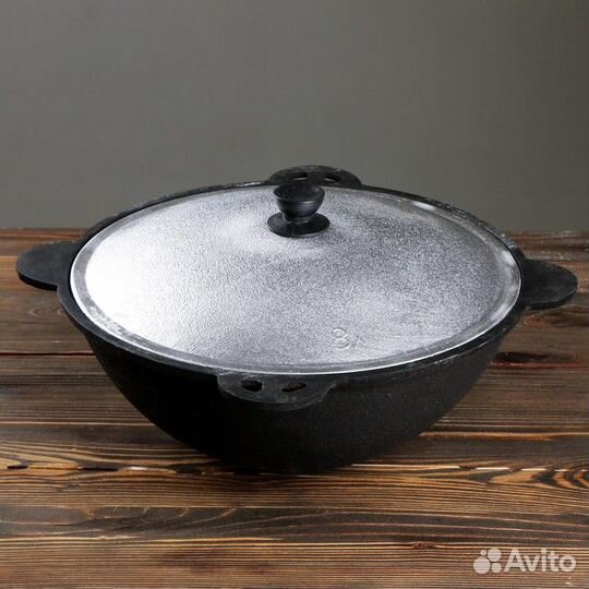 Казан чугунный, 8 л, круглое дно, алюминиевая крыш