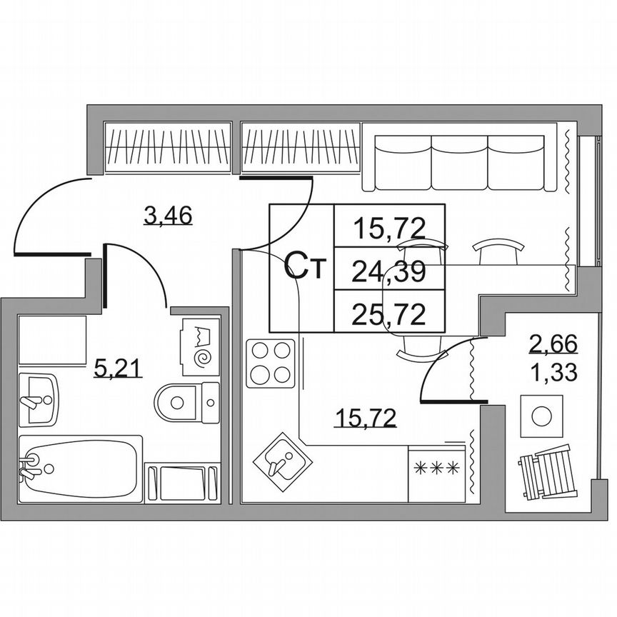 Квартира-студия, 25,7 м², 5/19 эт.