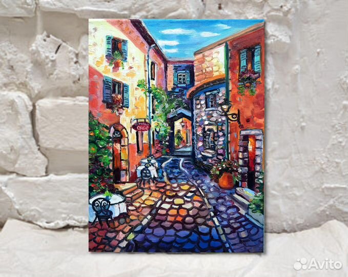 Картина маслом Кафе в старом городе холст 40*30см