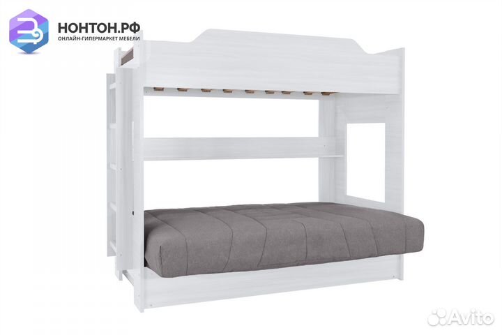 Двухъярусная кровать с диван-кроватью серый / белы