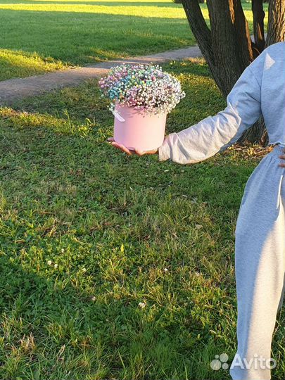 Букет в шляпной коробке из гипсофилы