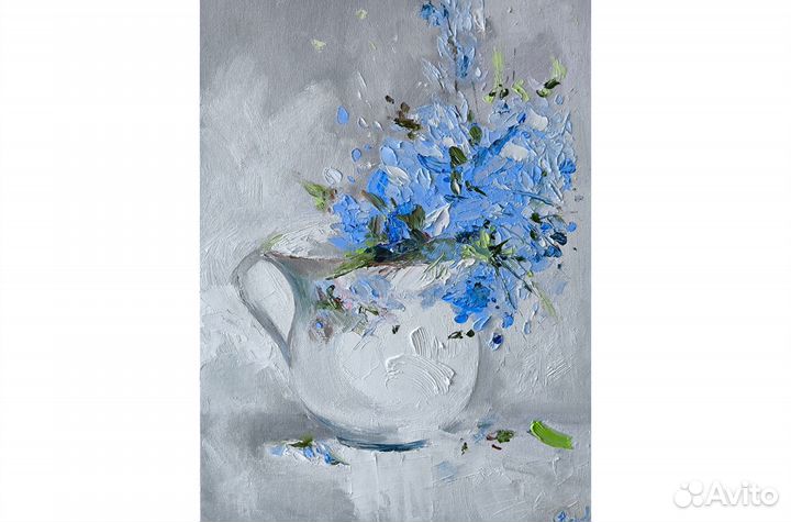 Картина Незабудки весенние цветы маслом 35х25 см