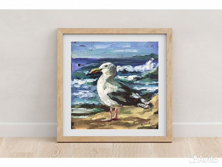 Картина чайка, морская птица, картина маслом 20х20