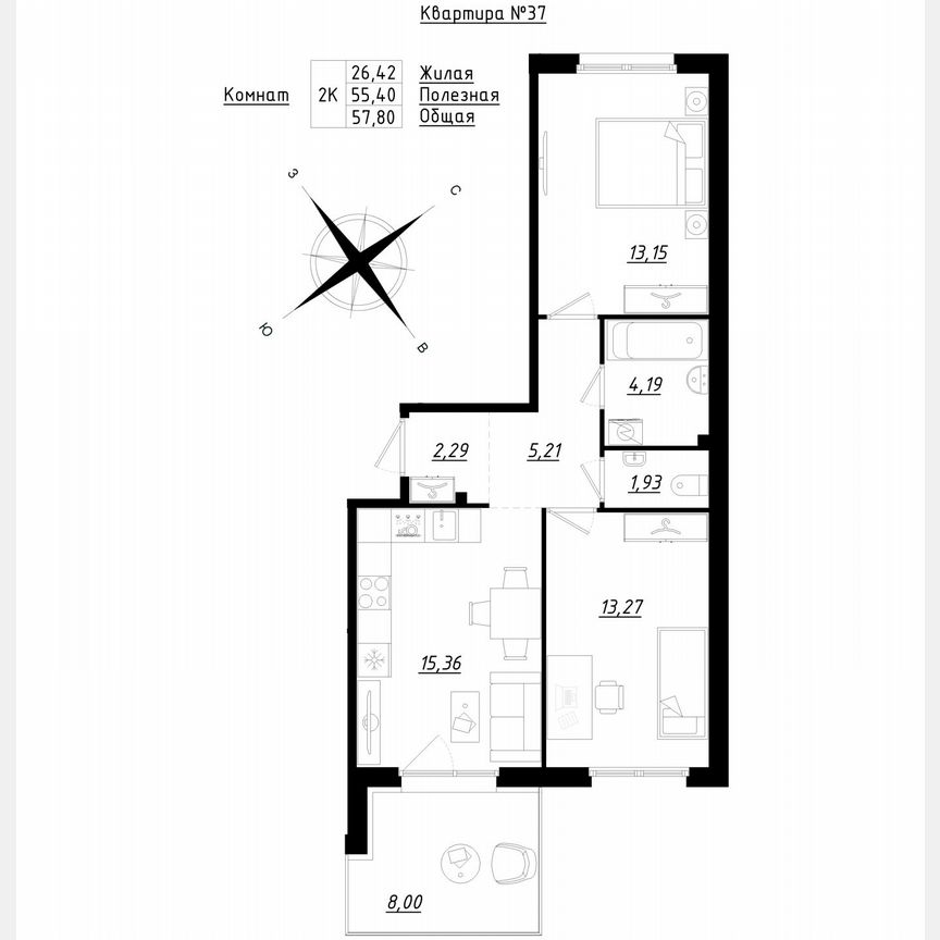 2-к. квартира, 58,1 м², 1/5 эт.