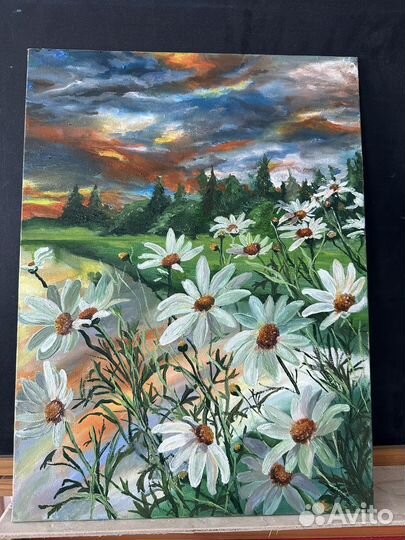 Картина маслом на холсте пейзаж ромашки