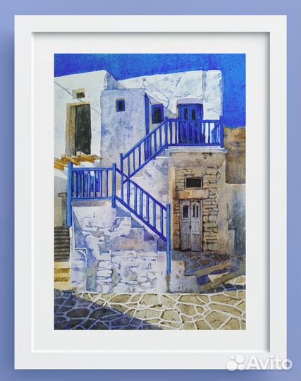Картина, акварель. Домик в Миконосе