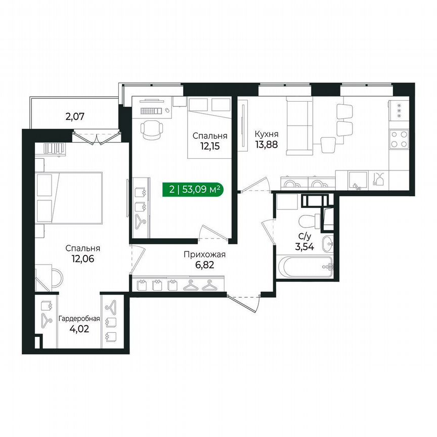 1-к. квартира, 53,1 м², 3/8 эт.