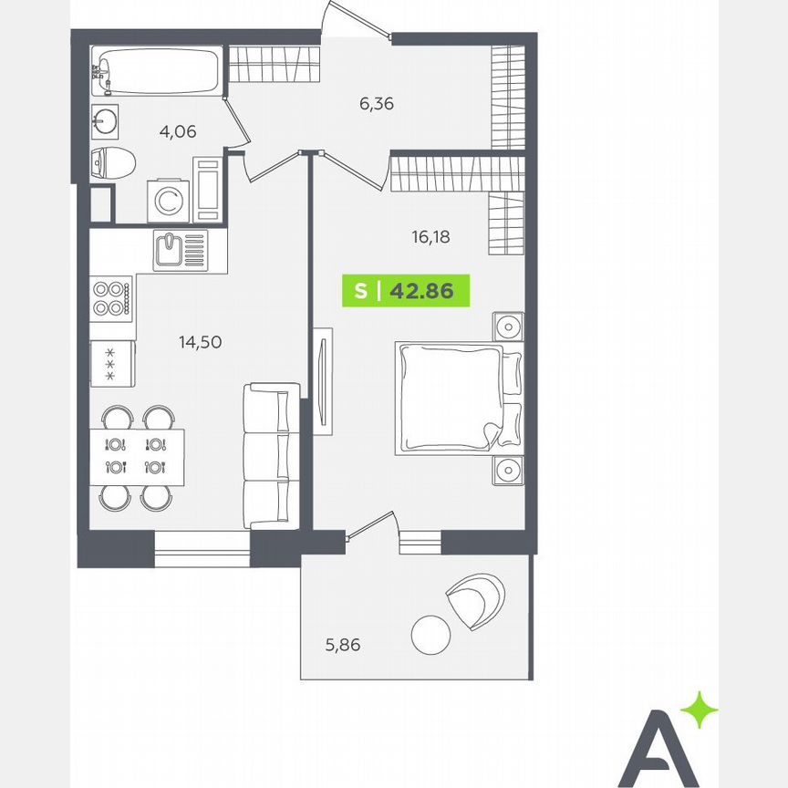 1-к. квартира, 42,9 м², 5/12 эт.