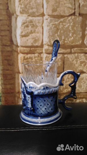 Гжель подстаканник, хрустальный стакан и ложечка