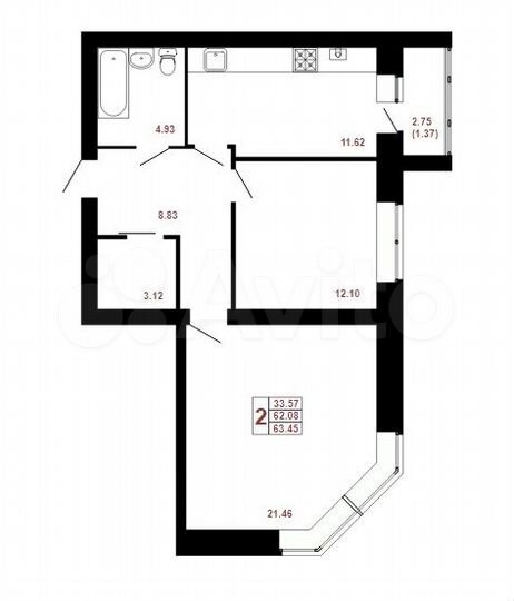 2-к. квартира, 63,5 м², 4/4 эт.