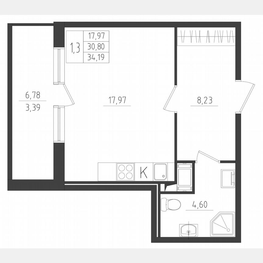 Квартира-студия, 34,2 м², 1/8 эт.